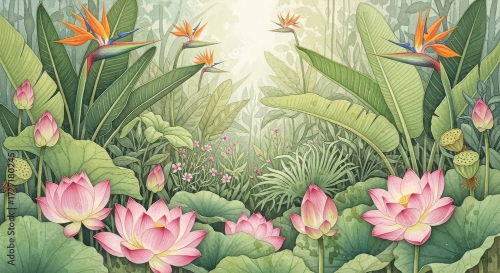 Naklejka premium Tropical jungle with lotus flowers and birds of paradise