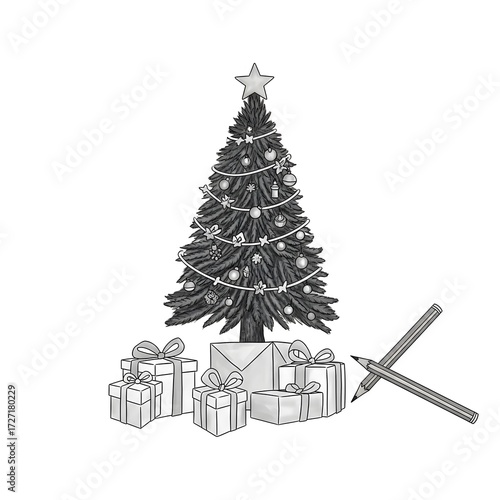 Christmas tree illustration with gifts and pencils, perfect for coloring or seasonal projects.