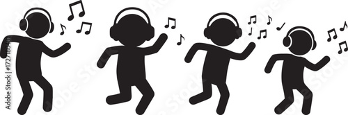 Four dancing figures with headphones enjoying music silhouette