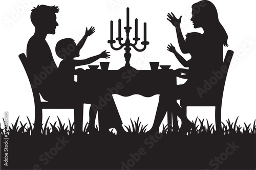 Family silhouette at dining table with candelabra and grass