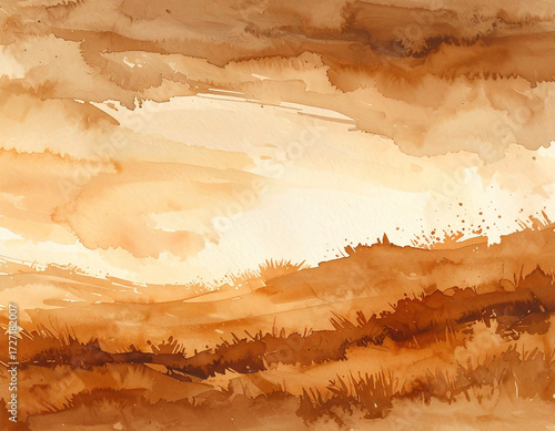 Painted brown watercolor background with soft brush strokes, organic textures, and natural gradients, creating a warm and artistic abstract backdrop
