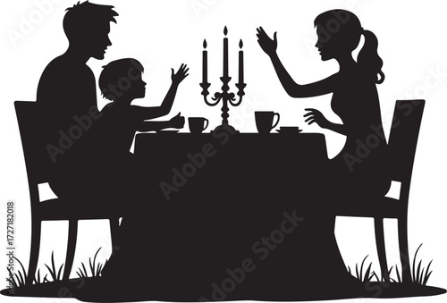 Family silhouette at dining table with candelabra vector