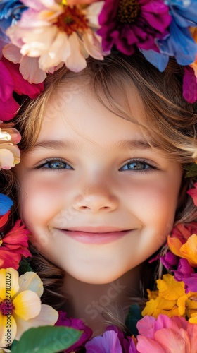 Joyful child among blooming flowers, bright smile glowing under gentle sunlight, detailed natural portrait radiating warmth and happiness.