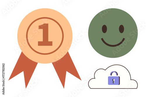 Award ribbon symbolizes achievement, green happy face conveys happiness, cloud with lock illustrates data security. Ideal for success, positivity, safety, trust, reliability, satisfaction