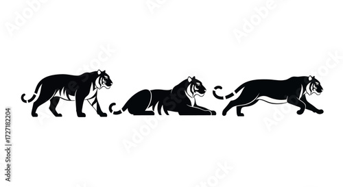 Majestic black panthers depicted in three dynamic poses on a clean white background.