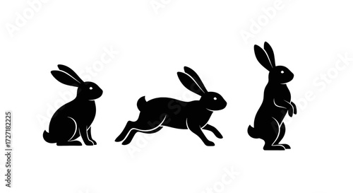 Three black rabbit silhouettes in different dynamic poses on a white background, showcasing movement and energy.