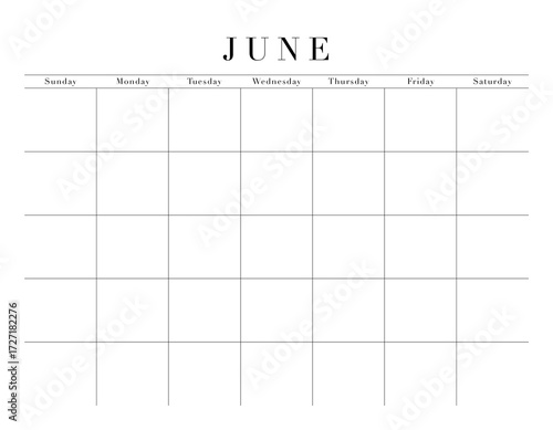 Blank June Month Customizable Calendar Grid, transparent background