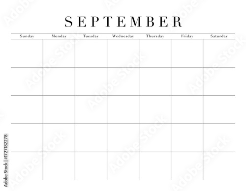 Blank September Month Customizable Calendar Grid, transparent background