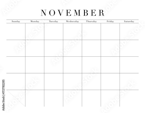 Blank November Month Customizable Calendar Grid, transparent background