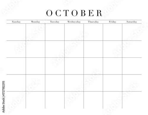 Blank October Month Customizable Calendar Grid, transparent background