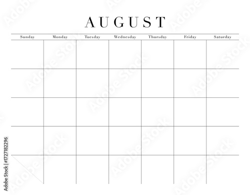 Blank August Month Customizable Calendar Grid, transparent background