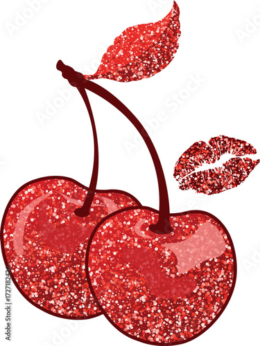 Lips, cherries red glitter vector illustration.
