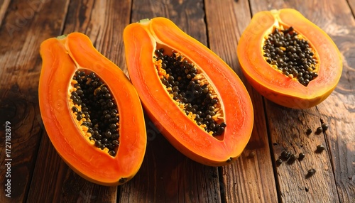 Three papaya halves on a wooden table