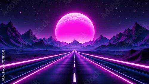 A futuristic neon highway leads to a glowing pink planet under a starry sky with stylized purple mountains. 4k video