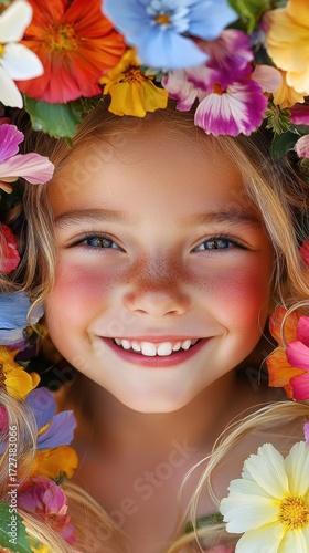 A happy child with a radiant smile, surrounded by colorful flowers, soft sunlight highlighting natural beauty, captured with vibrant and clear details.