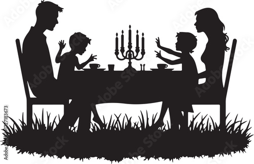 Family silhouette at dinner table with candelabra and grass