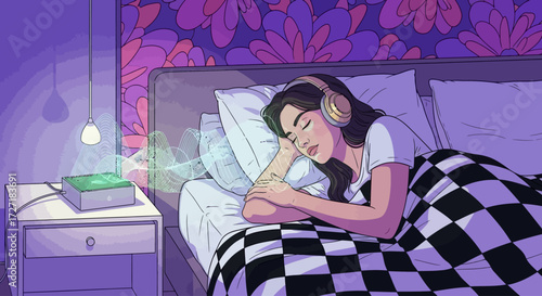 A young woman peacefully sleeping in bed, listening to music through headphones, with a nightlight projecting a design onto the bedside table.