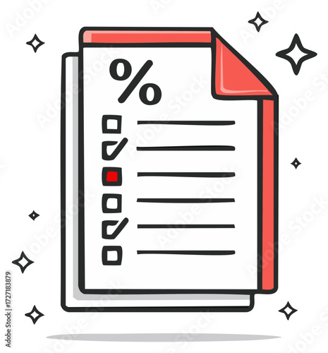 Percentage Sign and Checklist Paperwork with Ticked Boxes and Red Accent Illustration