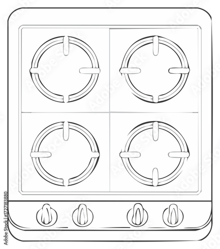 Outline of gas stove with four burners and regulator knobs for cooking at home, simplified design