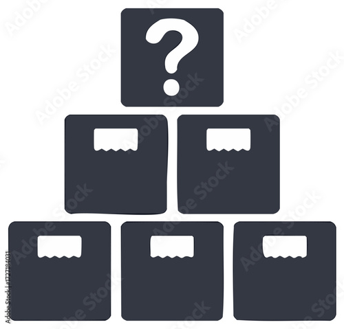 Question mark symbol on top box in pyramid stack with multiple unknown choice boxes