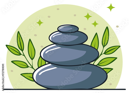 Stacked Stones with Green Leaves Illustration for Meditation and Wellness