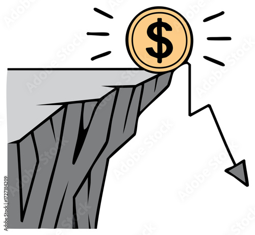 Dollar coin teetering on cliff edge with falling arrow representing economic decline