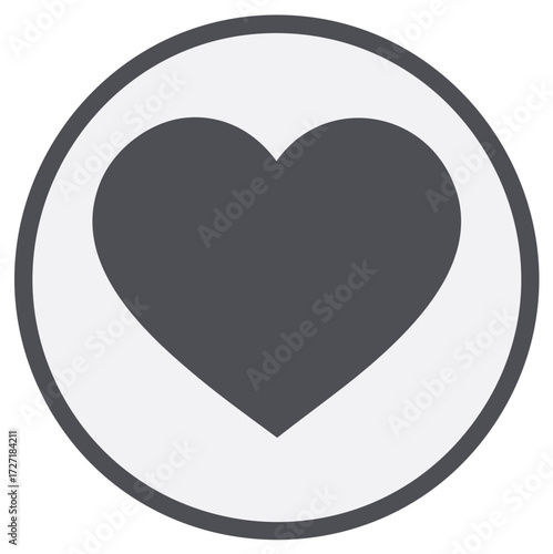 Simple dark gray heart icon in a light gray circle representing love romance favorite and health