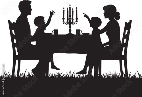 Family silhouette at dinner table with candelabra and grass