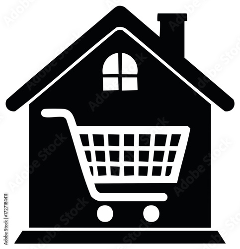 House with Shopping Cart Icon for Real Estate and Marketplace Symbol