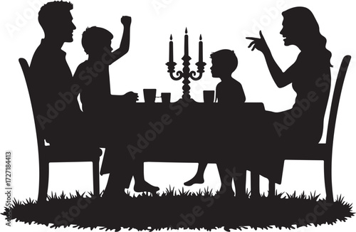 Family silhouette at dinner table with candelabra vector