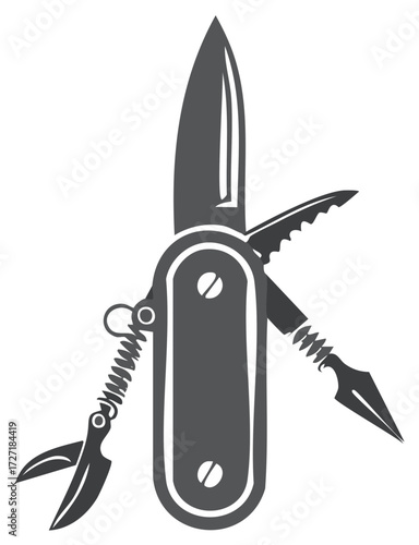 Monochrome vector icon of an open multi-tool pocket knife with blade, saw, and scissors