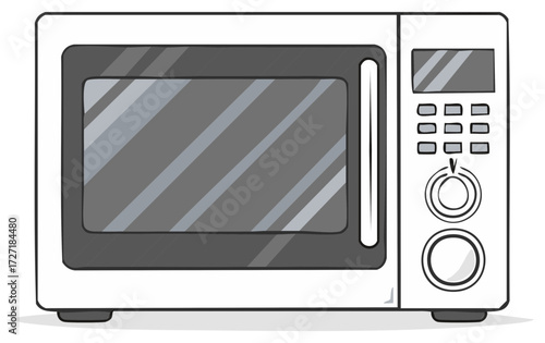 Illustrated microwave oven with controls and display, isolated on white.