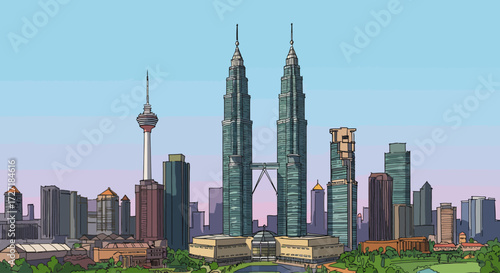 Detailed illustrated panorama of a vibrant modern cityscape featuring towering urban landmarks and lush parkland