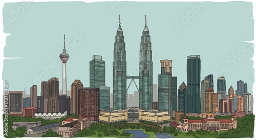 Kuala Lumpur Cityscape with Petronas Towers and KL Tower