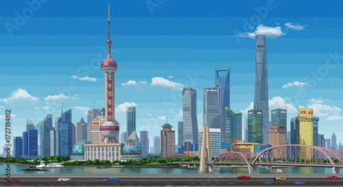 Modern Cityscape with Futuristic Architecture and Busy Highway