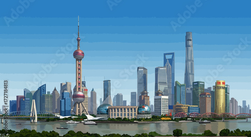 Shanghai Skyline Panorama with Modern Skyscrapers and Urban Landscape