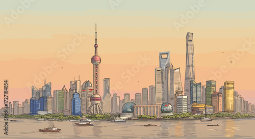 Vibrant Illustrated Cityscape Skyline Reflecting Over Water at Golden Hour