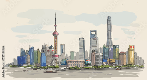 Shanghai Skyline Hand-Drawn Illustration