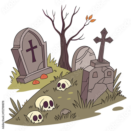 Spooky Halloween Graveyard Cartoon Illustration