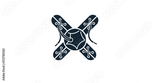 Stylized dark blue icon of two crossed snowboard bindings with laces and a central circular emblem on a white background