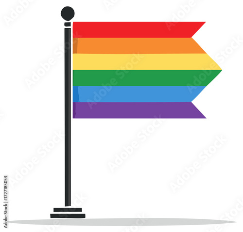 Vector illustration of a pride flag with colorful rainbow stripes, raised on a pole.