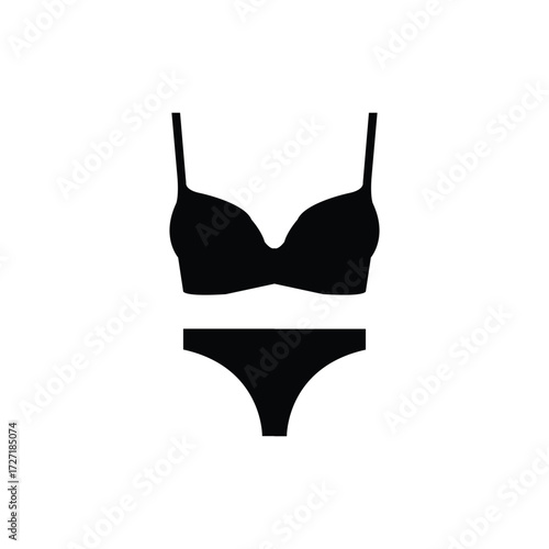 Simple black silhouette of lingerie set featuring bra and panties. Minimal vector icon for fashion, clothing, shopping, feminine style, or intimate apparel design concepts.