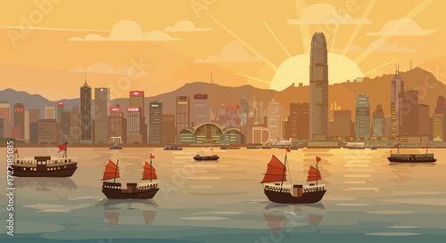 Hong Kong Harbor Traditional Boats at Sunset