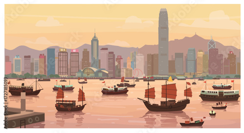 Stylized vector illustration of traditional junk boats in a vibrant city harbor at dusk