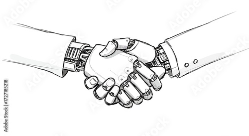 Symbolic handshake between a human and a robot, illustrating future partnership