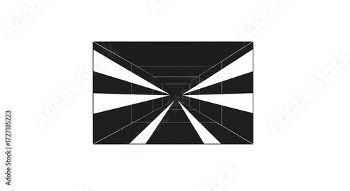 Abstract black and white optical illusion of a dark tunnel with converging white stripes creating a sense of depth and movement towards a vanishing point