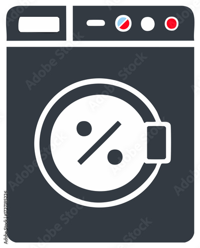 Washing machine symbol with percent sign on door for sale or discount offer