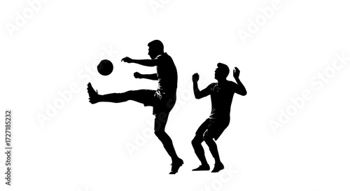 Dynamic silhouette of a soccer player executing a bicycle kick with an opponent defending against a white background