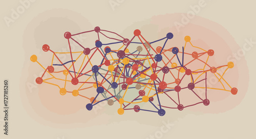 Abstract interconnected network of colored nodes and lines
