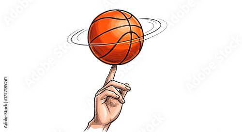 Dynamic illustration of a skilled hand balancing and spinning an orange basketball on a single finger with motion lines indicating rotation against a clean white background